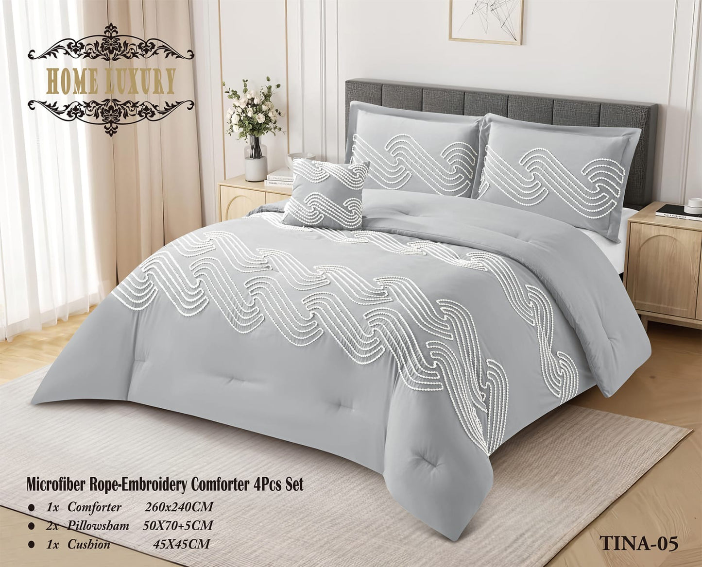 Microfiber Rope Embroidery Comforter 4 Pcs Set - Home Luxury