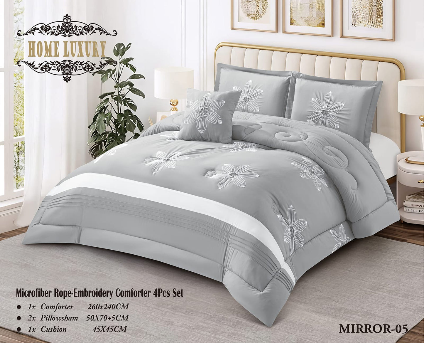 Microfiber Flower Embroidery Comforter 4 Pcs Set - Home Luxury