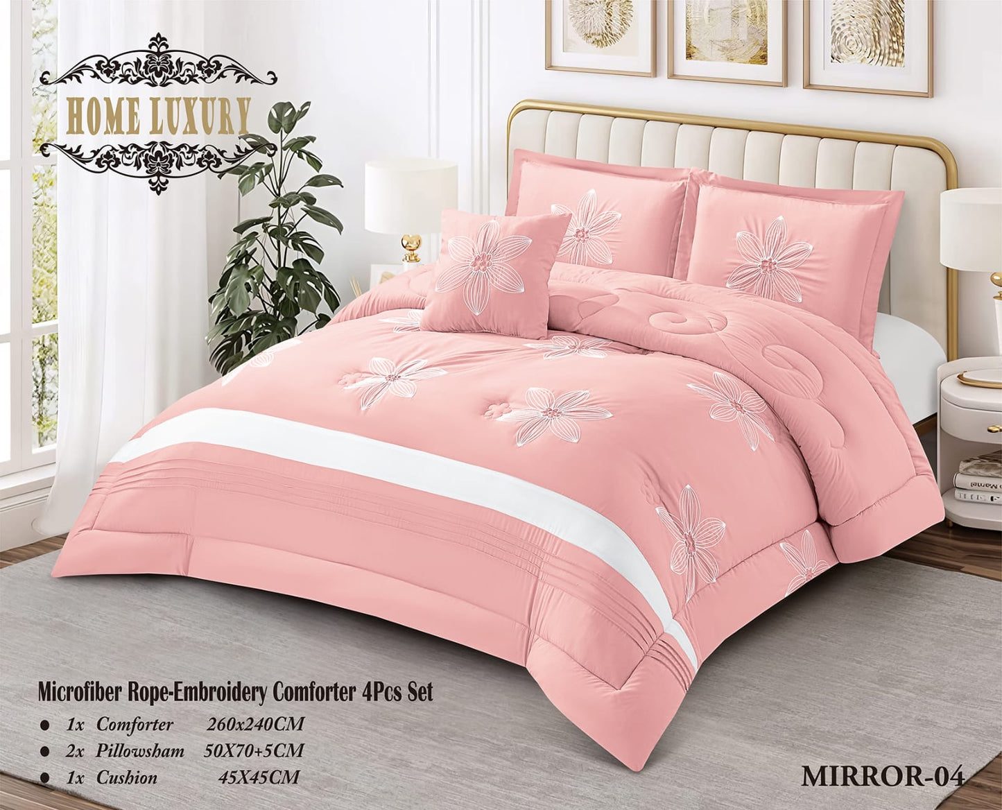 Microfiber Flower Embroidery Comforter 4 Pcs Set - Home Luxury