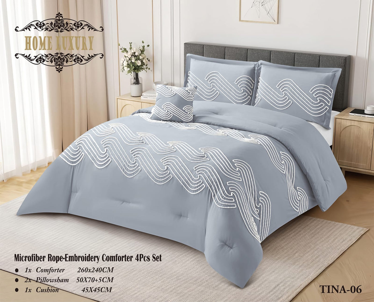 Microfiber Rope Embroidery Comforter 4 Pcs Set - Home Luxury