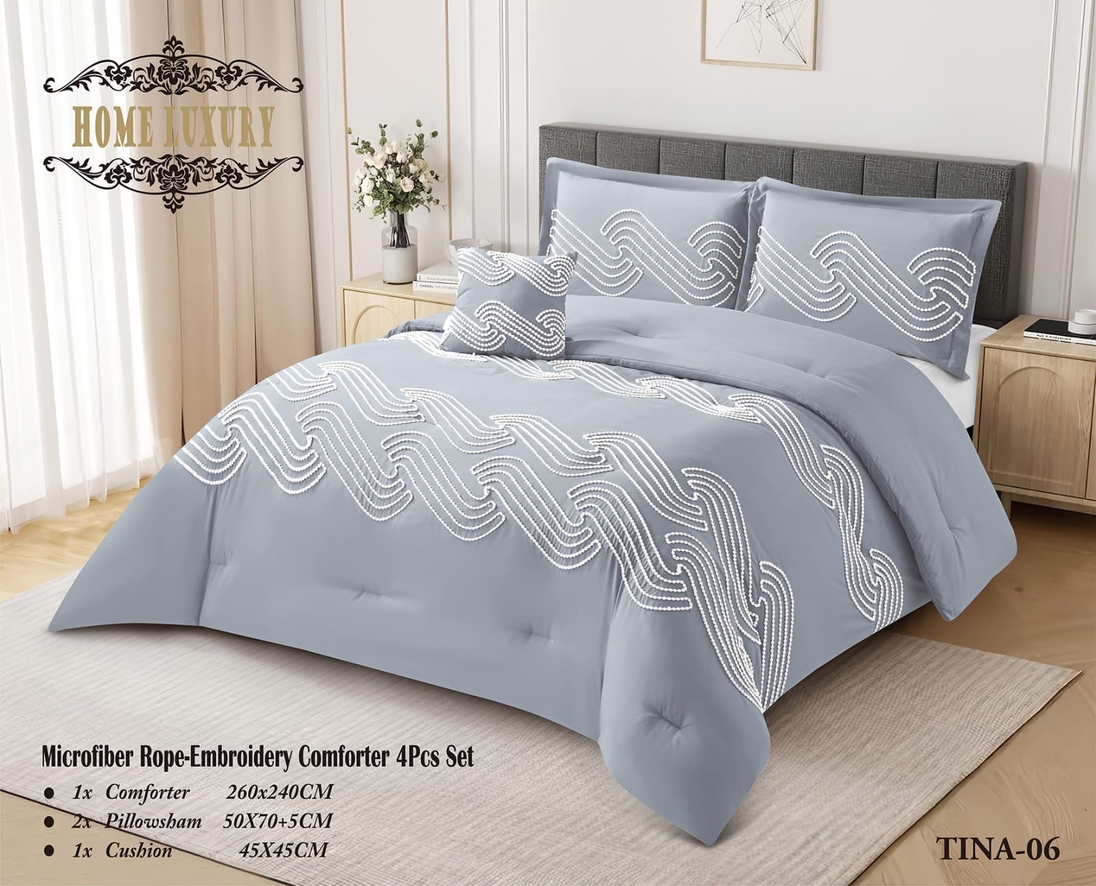 Microfiber Rope Embroidery Comforter 4 Pcs Set - Home Luxury