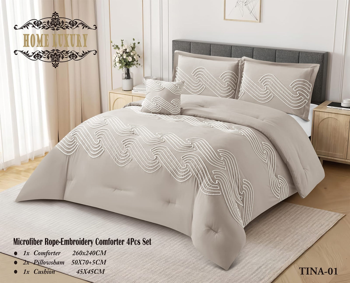 Microfiber Rope Embroidery Comforter 4 Pcs Set - Home Luxury