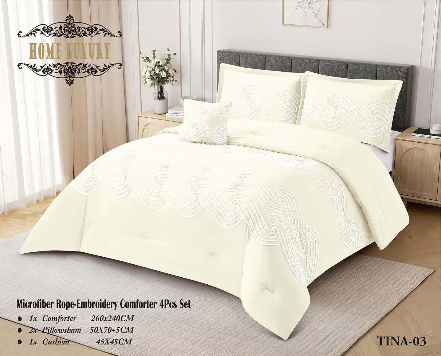 Microfiber Rope Embroidery Comforter 4 Pcs Set - Home Luxury