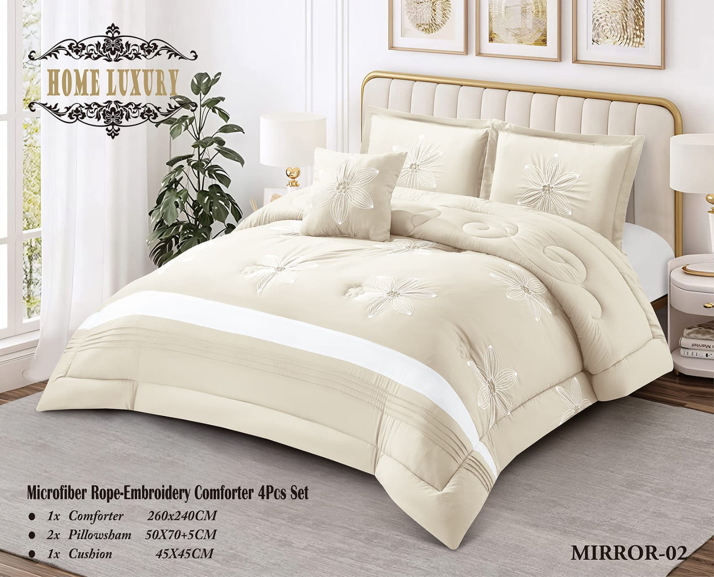 Microfiber Flower Embroidery Comforter 4 Pcs Set - Home Luxury