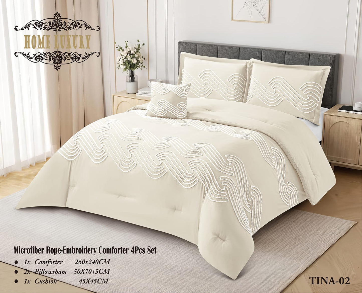 Microfiber Rope Embroidery Comforter 4 Pcs Set - Home Luxury