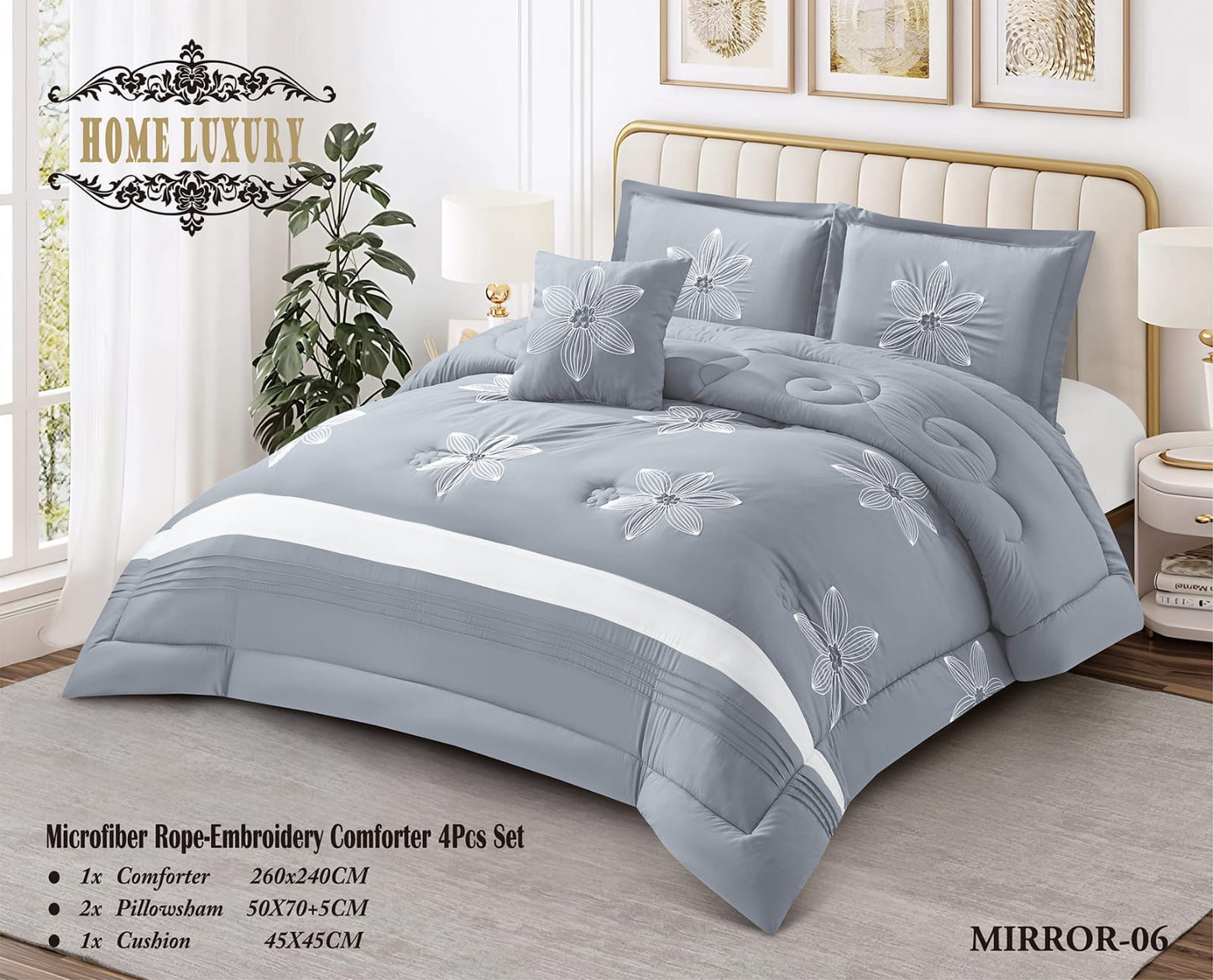 Microfiber Flower Embroidery Comforter 4 Pcs Set - Home Luxury