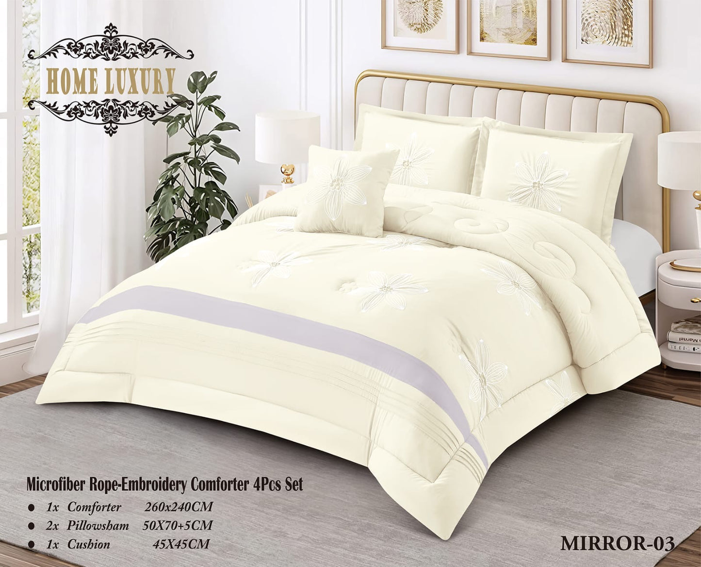 Microfiber Flower Embroidery Comforter 4 Pcs Set - Home Luxury