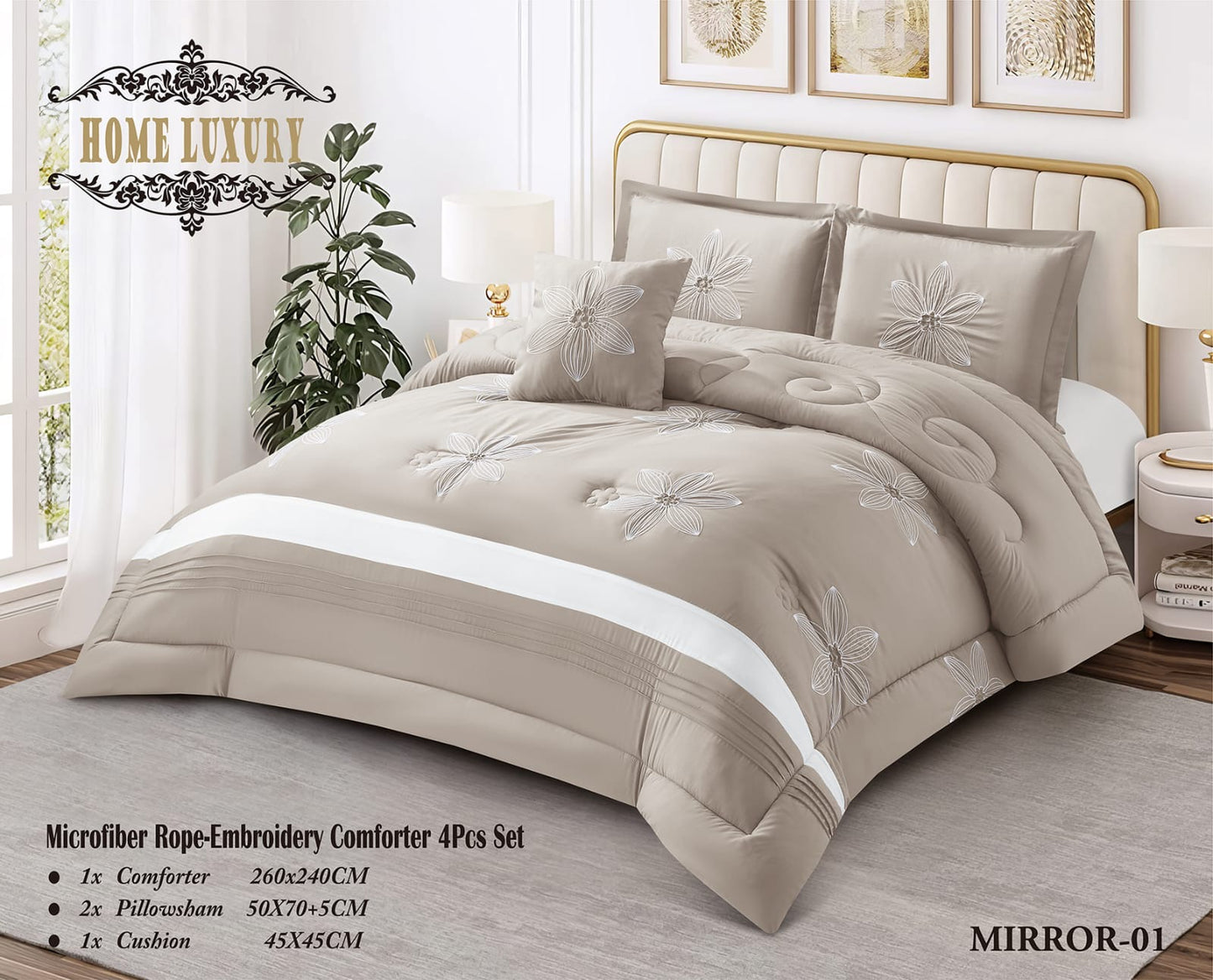 Microfiber Flower Embroidery Comforter 4 Pcs Set - Home Luxury