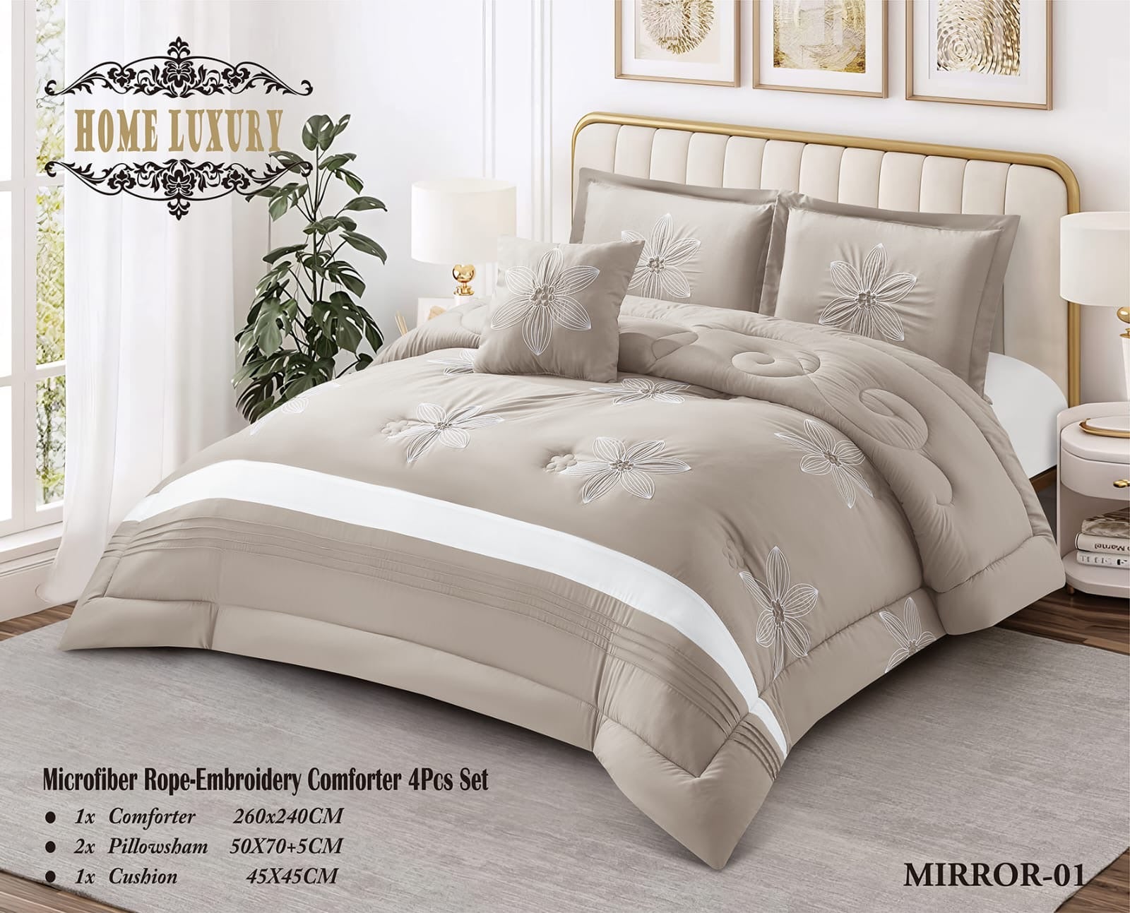 Microfiber Flower Embroidery Comforter 4 Pcs Set - Home Luxury